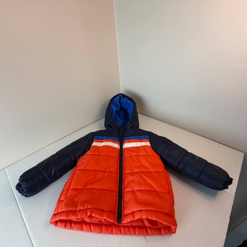 Oshkosh B'Gosh Puffer Jacket Blue Orange White Hooded Full Zip 2T
